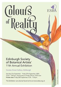 Colours of Reality flyer Edinburgh Society of Botanical Artists’ 11th Annual Exhibition Dundas Street Gallery, Edinburgh Saturday 21st September – Friday 27th September, 2024, 10am – 5pm, closing early on Friday 27th at 12.00 noon Private View: Friday 20th September, 5.30 – 7.30 pm. The Exhibition can also be found online at www.esba.org.uk